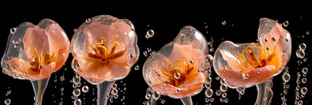 A row of flowers encapsulated in water droplets against a dark background, highlighting their delicate beautyの素材