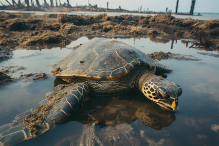 A sea turtle lies amidst muck, a likely victim of coastal pollution, with industrial structures in the backgroundの素材