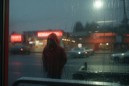 A silhouette of a person walking outside viewed through a rain-drenched window with neon lights in the backgroundの素材