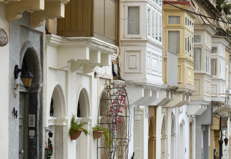 A street view of characteristic balconies in St. Julian's, Maltaの写真素材