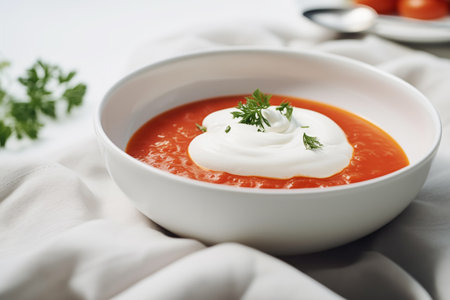 A simple yet sophisticated bowl of tomato soup with a dollop of sour cream and a sprig of parsleyの素材