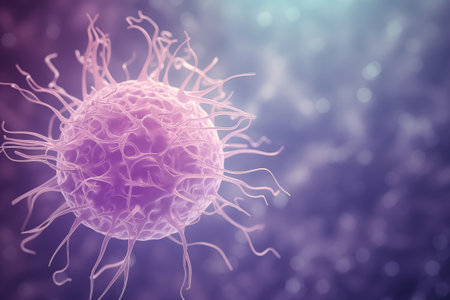 A pathogen cell with extended filaments in a purple environmentの素材