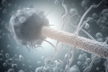 Scientific illustration of a macrophage cell extending a pseudopodium to engulf a pathogenの素材