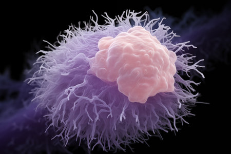A detailed micrograph showcasing a pink immune cell among purple tissue.の素材