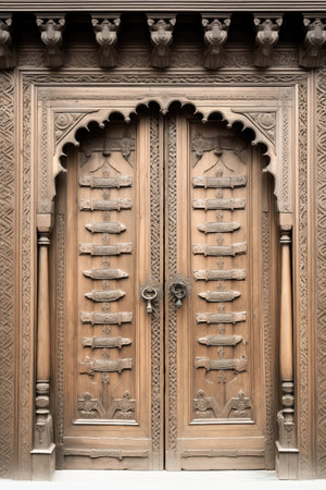 An intricately carved wooden door with traditional motifs and patternsの素材
