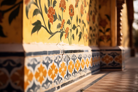 Traditional yellow and blue floral tiles decorating a wallの素材