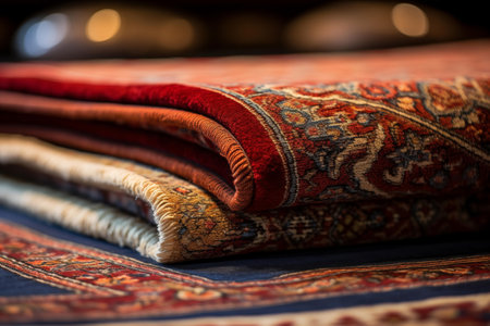 Close-up of intricately patterned oriental rugs in a stackの素材