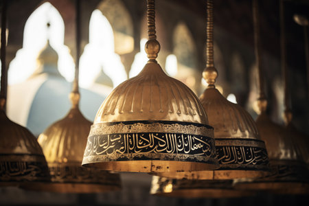 Golden lamps adorned with Arabic calligraphy inside a mosque, glowing with a warm lightの素材