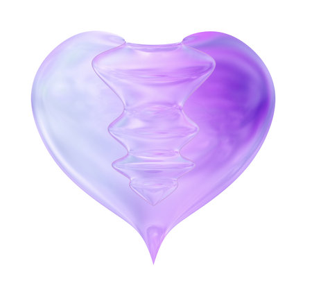 A translucent purple heart with a melting effect on a white backgroundの写真素材