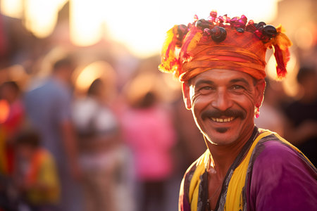 A smiling Moroccan man in traditional attire with a festive hatの素材
