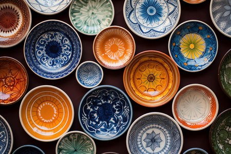 A collection of colorful, patterned ceramic bowls arranged for displayの素材
