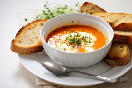 A velvety tomato soup garnished with cream and herbs, served with toasted bread on the sideの素材