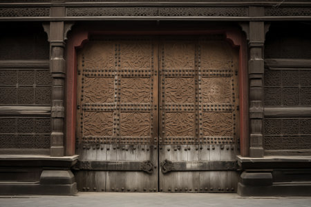 An ornate wooden door with traditional carvings and metal studsの素材