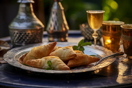 Traditional Moroccan pastries served with mint tea in ornate glasswareの素材