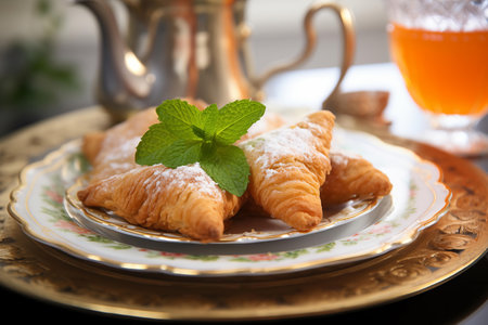 Fresh croissants dusted with sugar on a decorative plate with a tea setの素材
