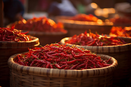 Baskets of vibrant red chili peppers on sale at a local marketの素材