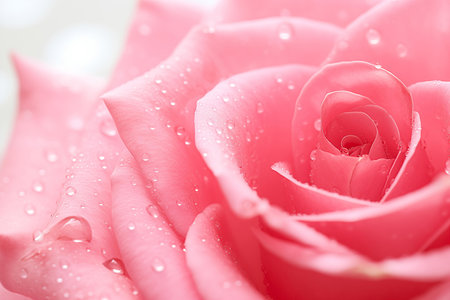 A close-up of a pink rose with fresh dew drops on its petalsの素材