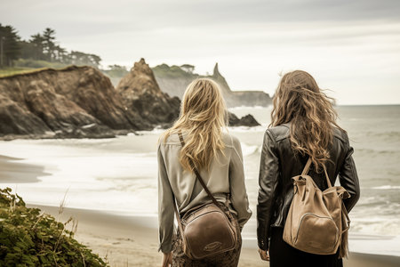 Two friends with backpacks walking along a beachの素材