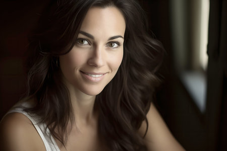 Portrait of a confident, smiling woman with flowing hairの素材