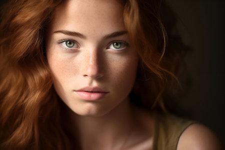 Close-up of a young woman with red hair and green eyesの素材