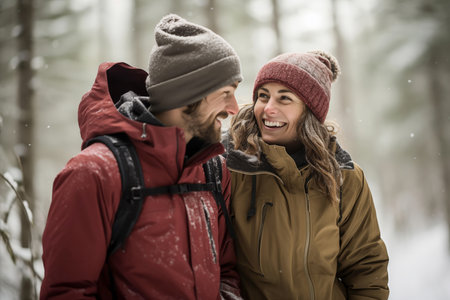 A smiling couple dressed warmly for a snowy hikeの素材
