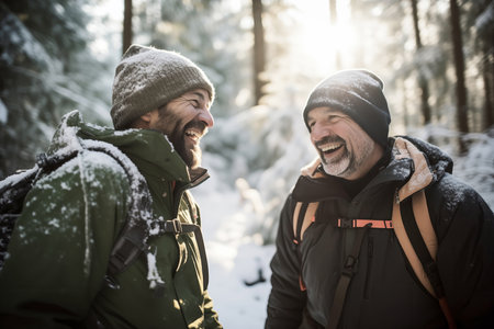 Two men laughing on a snowy forest hikeの素材