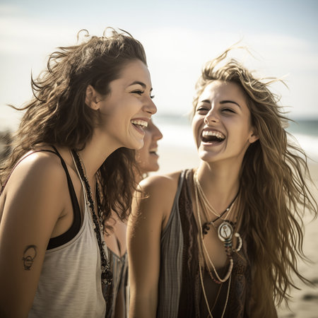 A candid shot of two friends laughing joyfully on the beachの素材