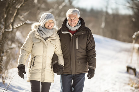 Elderly couple enjoying a walk in a snowy landscapeの素材