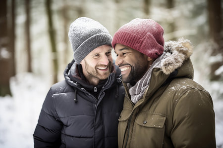 Two men smiling and hugging in a snowy forestの素材