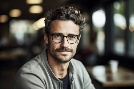 Portrait of a stylish man with glasses sitting indoorsの素材
