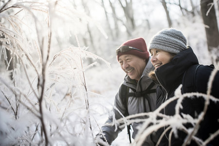 A couple enjoys a cheerful walk in a frosty winter landscapeの素材