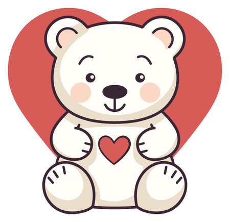 Cheerful cream teddy bear with a red heart against a love backdropのイラスト素材