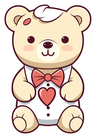 A cheerful cream teddy bear with a red bowtie and heart, ideal for giftingのイラスト素材