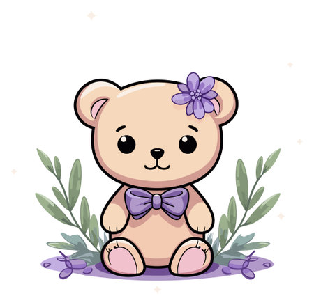 Teddy bear with a lavender bow and flower accentのイラスト素材
