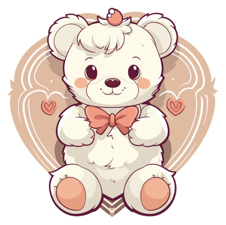 A cream teddy bear with a bow and a cupcake on its headのイラスト素材