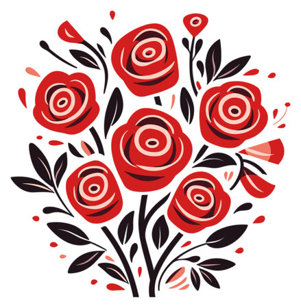 An abstract artwork of red rose blossoms with black leavesのイラスト素材