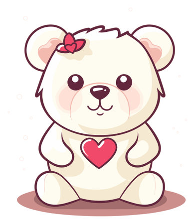 Adorable cream teddy bear with a red heart and a decorative bowのイラスト素材