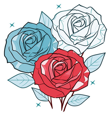Illustration of three roses in red and blue tones with a line art styleのイラスト素材
