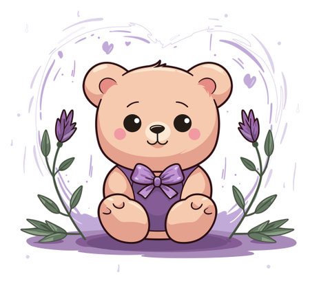 A cheerful teddy bear with a purple bow tie surrounded by lavender flowersのイラスト素材