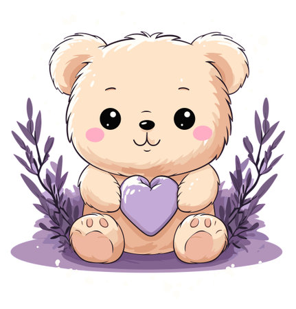 Illustration of a beige teddy bear holding a purple heart, with lavender plantsのイラスト素材