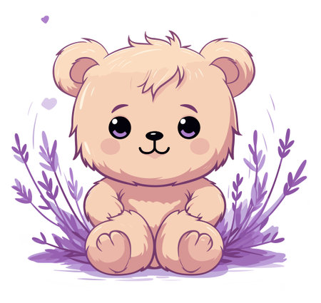 Charming illustration of a teddy bear surrounded by lavender sprigsのイラスト素材