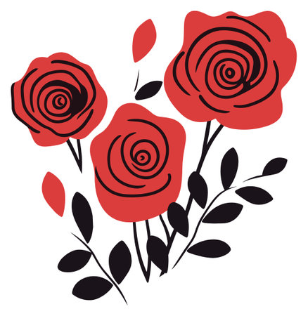 Stylized vector illustration of three red roses with black leavesのイラスト素材