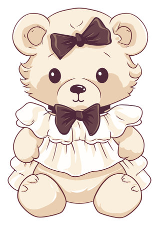 Elegant teddy bear with a ruffled dress and bowのイラスト素材