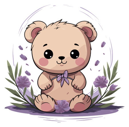 Illustration of a beige teddy bear with a bow surrounded by lavender flowersのイラスト素材