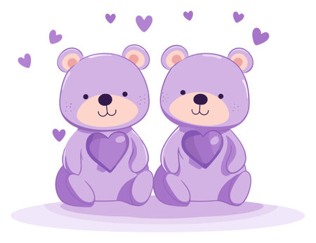 Two matching lavender teddy bears with heart-shaped belliesのイラスト素材