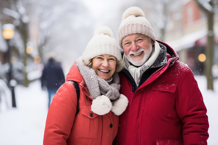 A joyful senior couple in bright winter clothing smiling in the snowの素材