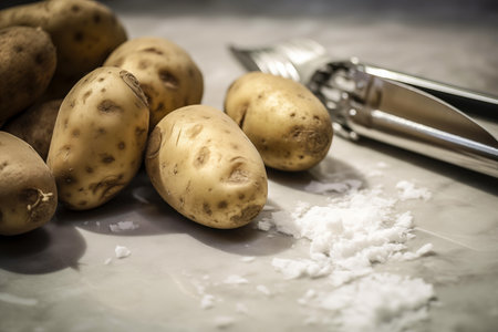 Fresh unpeeled potatoes next to a metal peeler on a kitchen countertopの素材
