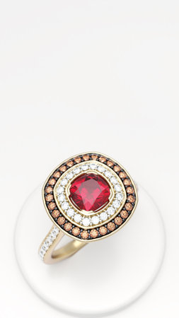 This ring features a stunning Mogok ruby encircled by chocolate diamonds and a classic diamond halo on a display stand, complete with a space for textの写真素材