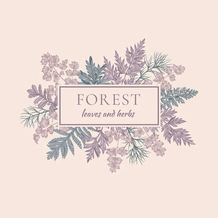 Summer frame with leaves and herbs. Vector botanical illustration. Lilac, blue, pink.
のイラスト素材