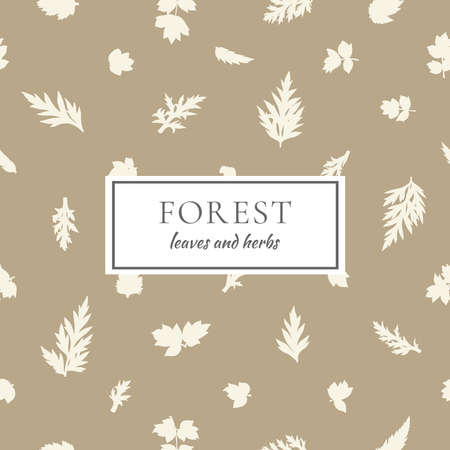 Botanical label with leaves and herbs. Seamless pattern. Beige background with white greeting....
